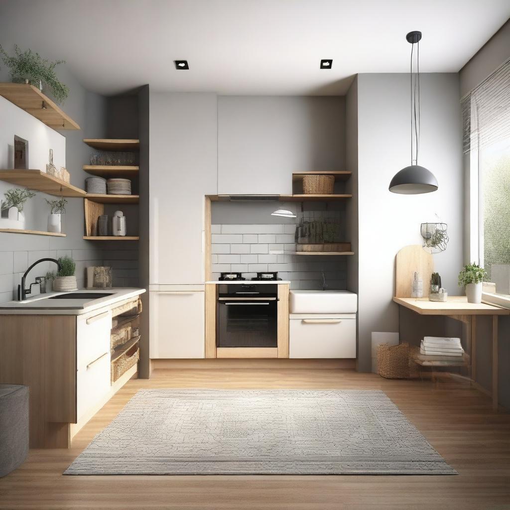 Design an interior of a room featuring a kitchen area and two beds