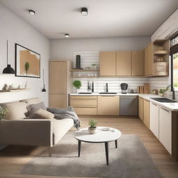 Design an interior of a room featuring a kitchen area and two beds