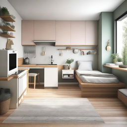 Design an interior of a room featuring a kitchen area and two beds