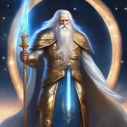 King Adacius stands in golden celestial armor with flowing white hair and a beard