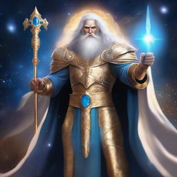 King Adacius stands in golden celestial armor with flowing white hair and a beard