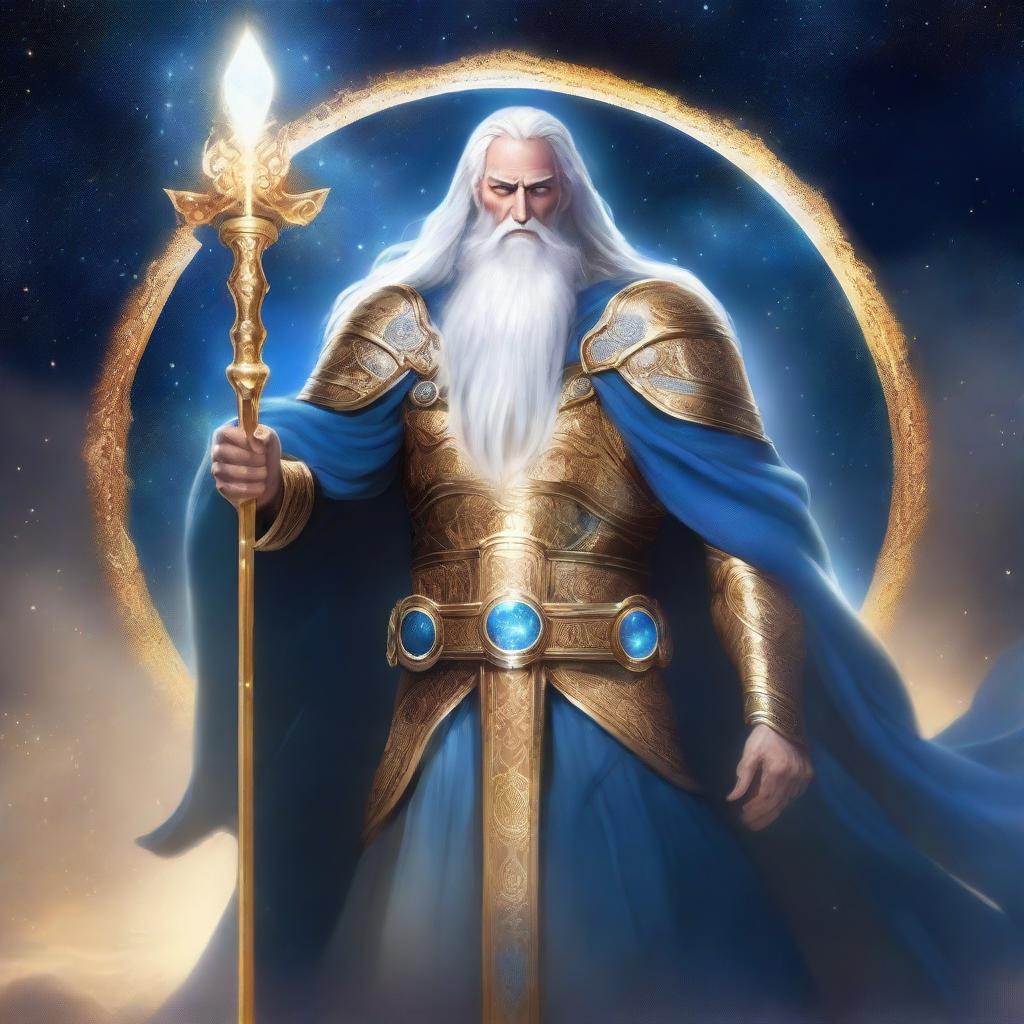 King Adacius stands in golden celestial armor with flowing white hair and a beard