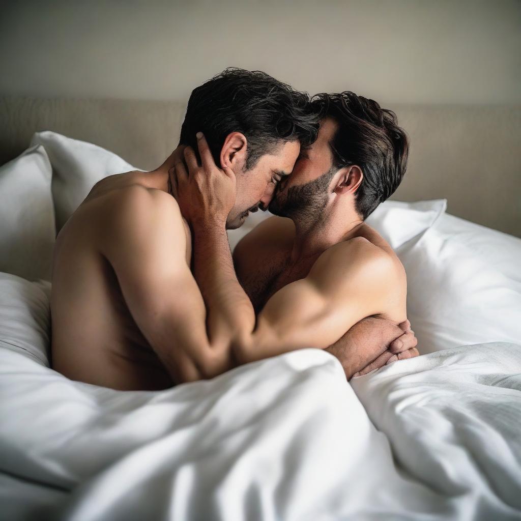 One tall man and one short non-muscular man in a passionate embrace on a king-sized bed