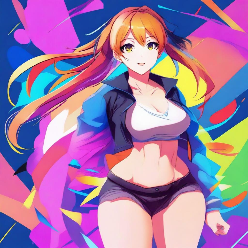 Create an image of a hot anime girl with vibrant colors and a dynamic pose