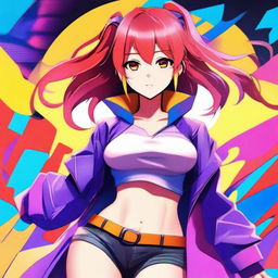 Create an image of a hot anime girl with vibrant colors and a dynamic pose