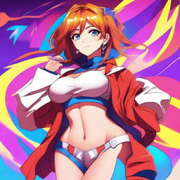 Create an image of a hot anime girl with vibrant colors and a dynamic pose