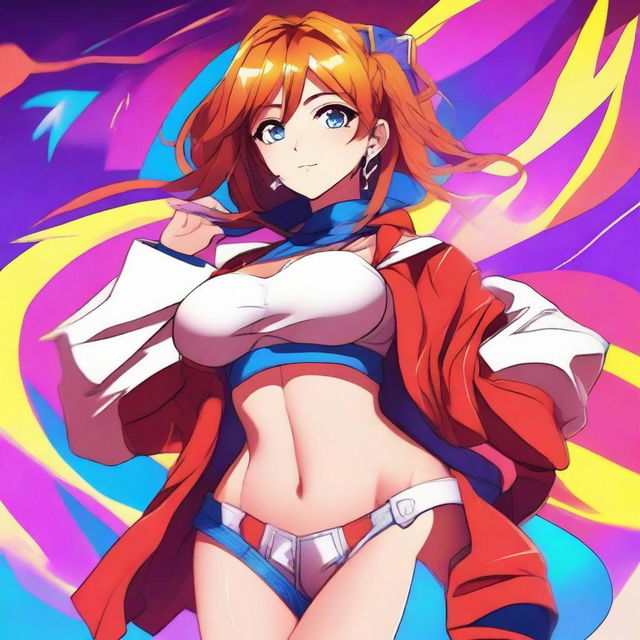 Create an image of a hot anime girl with vibrant colors and a dynamic pose