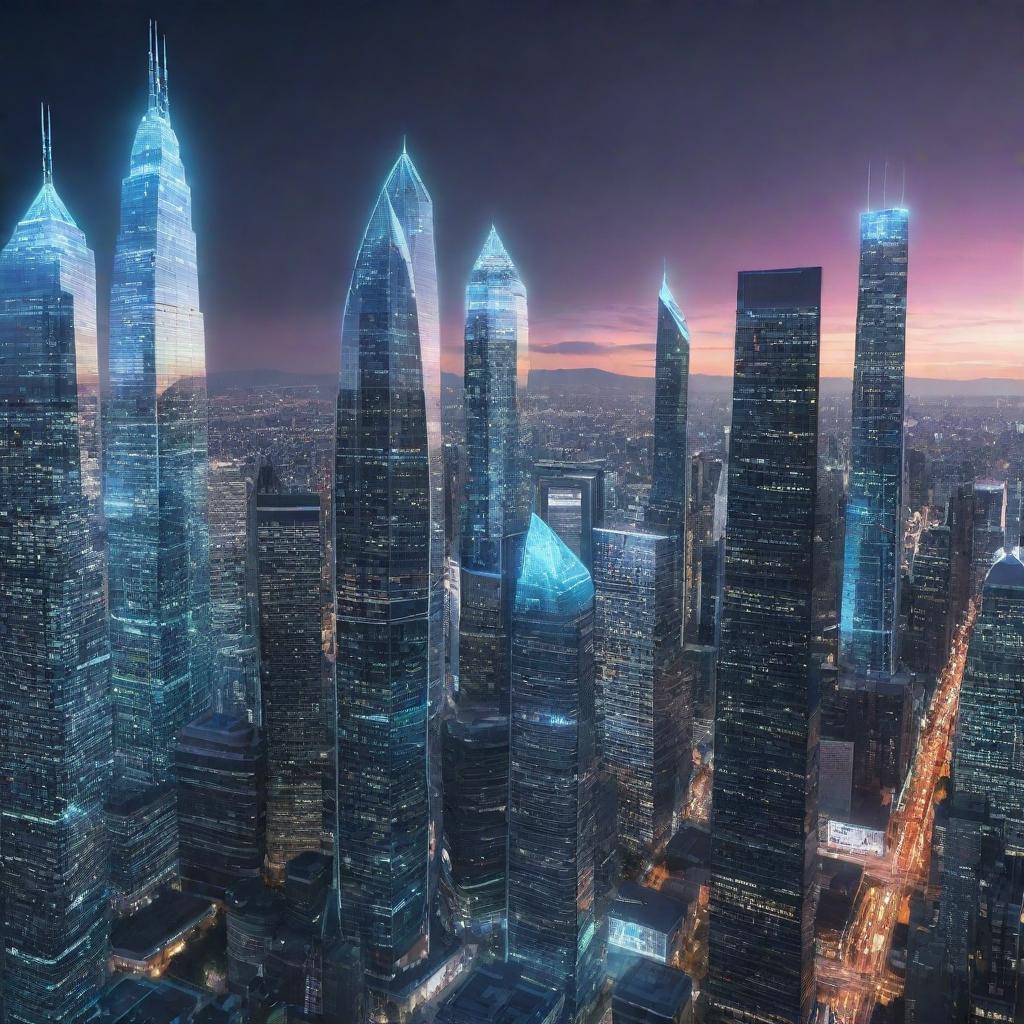 Imagine a visual representation of a cyber democracy. Think glowing digital cities with skyscrapers, futuristic netizens voting through holographic interfaces, and vibrant data streams symbolizing the flow of information.