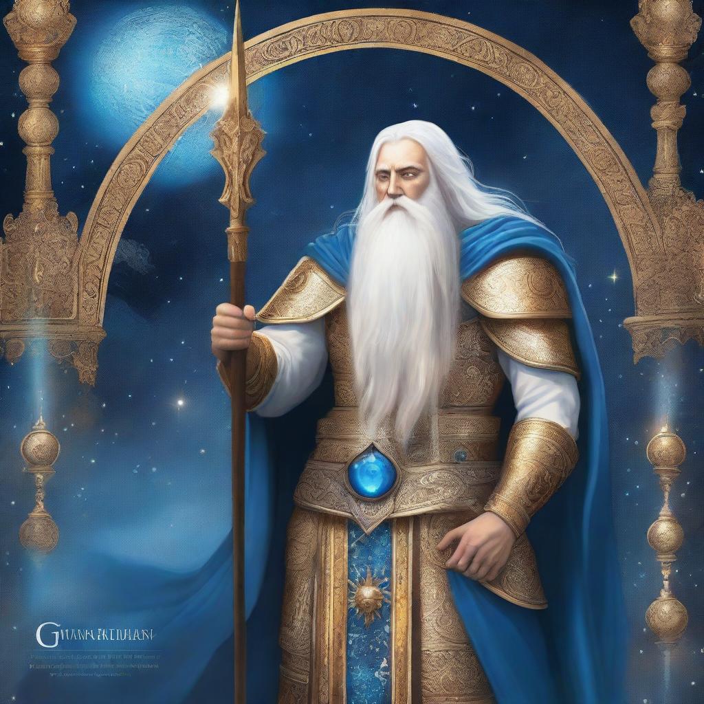 King Adacius stands in golden celestial armor with flowing white hair and a beard