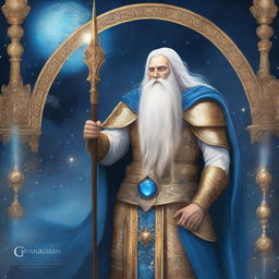 King Adacius stands in golden celestial armor with flowing white hair and a beard