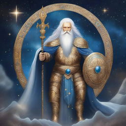 King Adacius stands in golden celestial armor with flowing white hair and a beard