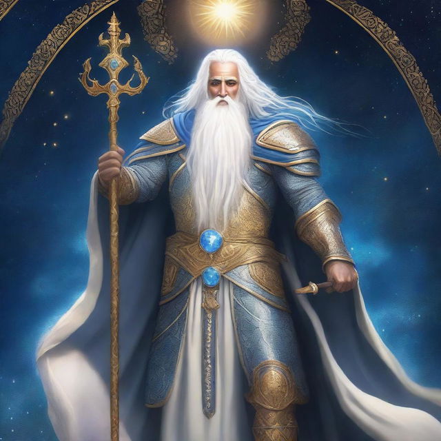 King Adacius stands in golden celestial armor with flowing white hair and a beard