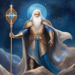 King Adacius stands in golden celestial armor with flowing white hair and a beard