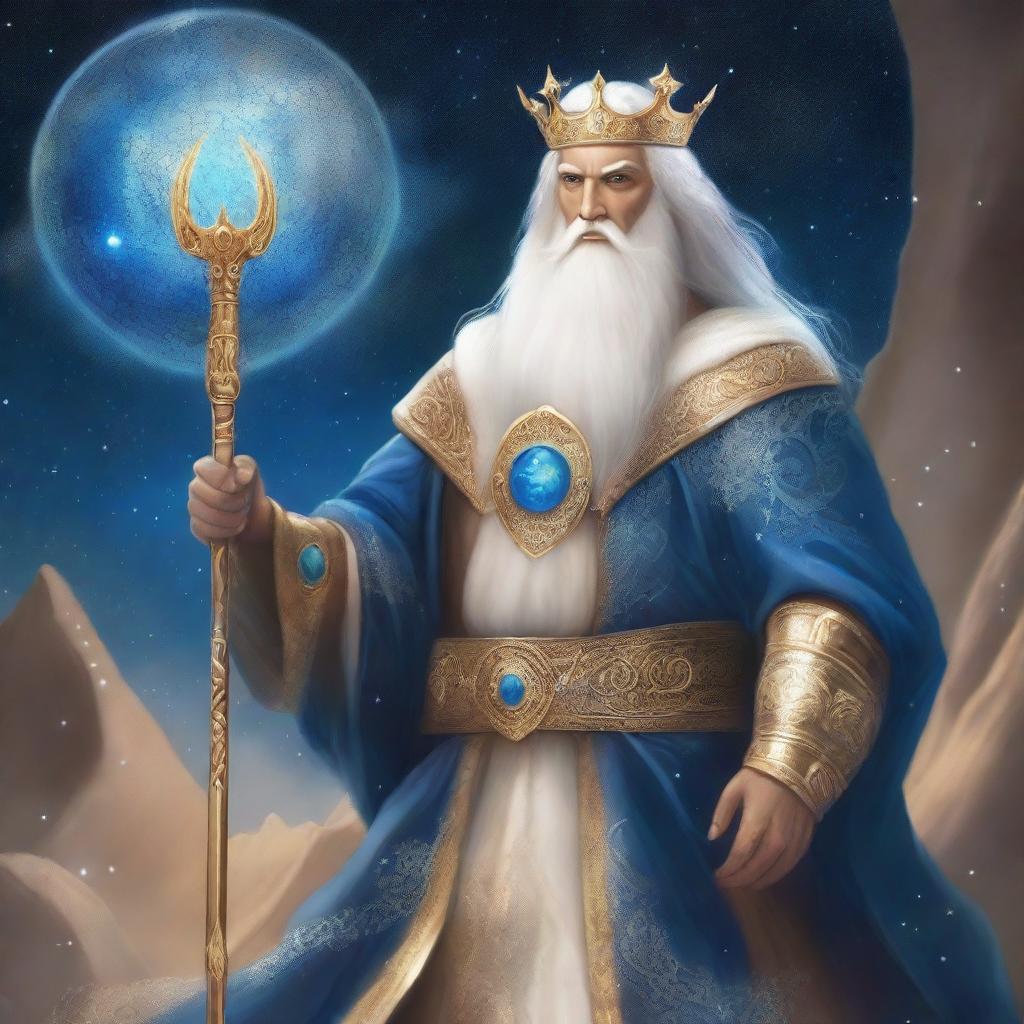 King Adacius stands in golden celestial armor with flowing white hair and a beard