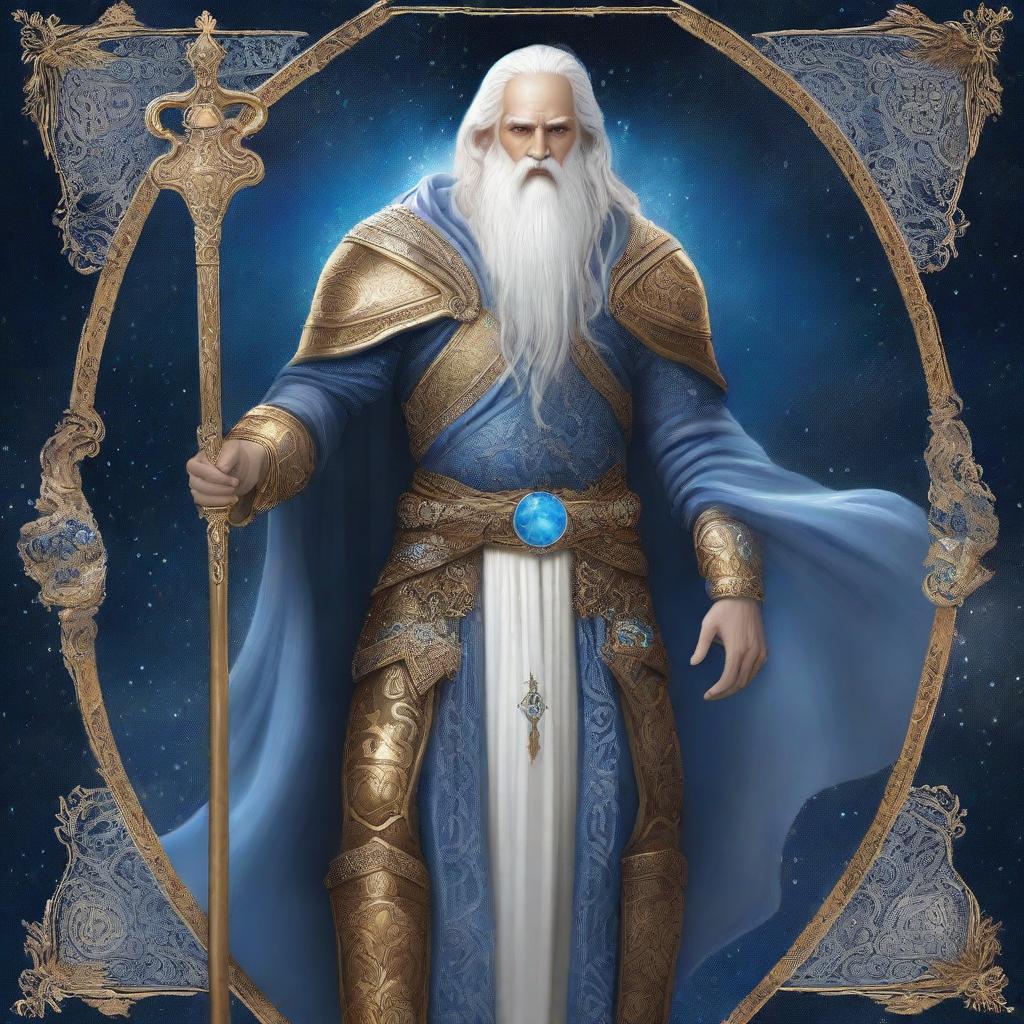 King Adacius stands in golden celestial armor with flowing white hair and a beard