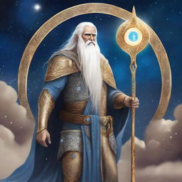 King Adacius stands in golden celestial armor with flowing white hair and a beard