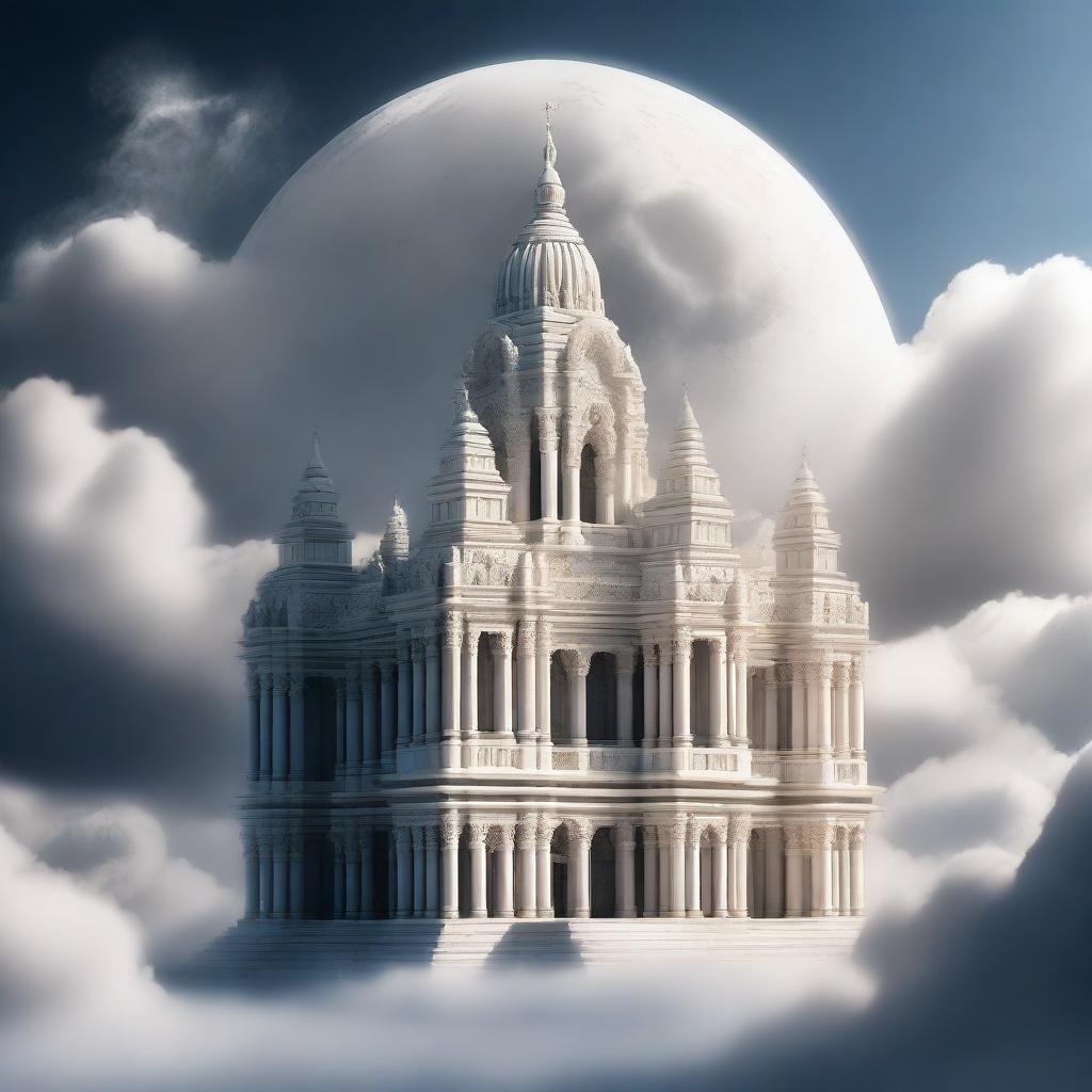 An old, beautiful temple made out of marble stands above the clouds with an eclipse behind it