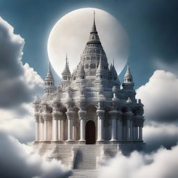 An old, beautiful temple made out of marble stands above the clouds with an eclipse behind it