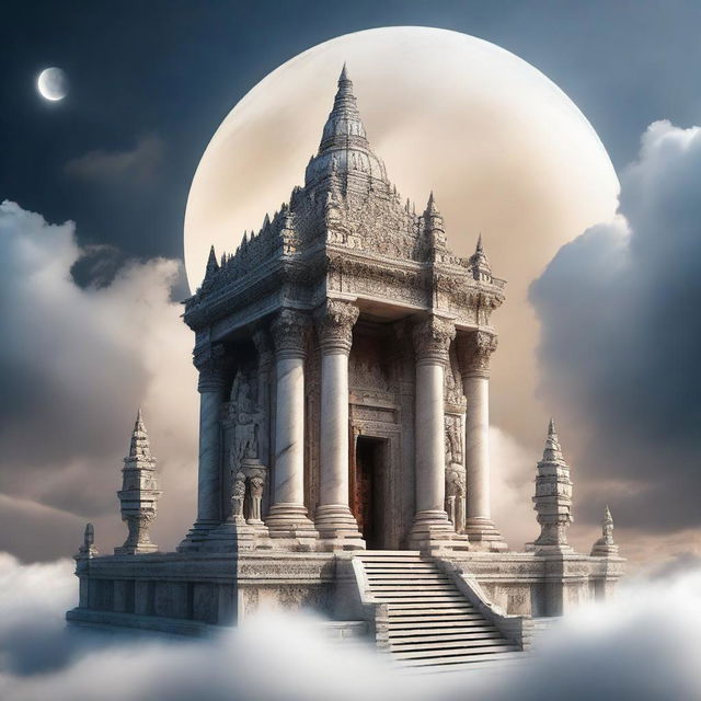 An old, beautiful temple made out of marble stands above the clouds with an eclipse behind it