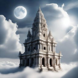 An old, beautiful temple made out of marble stands above the clouds with an eclipse behind it