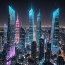 Imagine a visual representation of a cyber democracy. Think glowing digital cities with skyscrapers, futuristic netizens voting through holographic interfaces, and vibrant data streams symbolizing the flow of information.