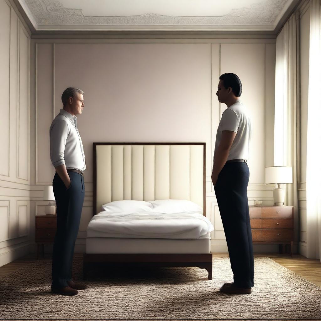 One tall man standing behind a short non-muscular man, both standing beside a king-sized bed