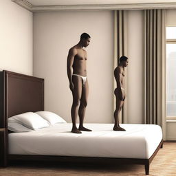 One tall man standing behind a short non-muscular man, both standing beside a king-sized bed