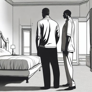 One tall man standing behind a short non-muscular man, both standing beside a king-sized bed