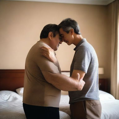 A tall man standing behind a short non-muscular man beside a king-sized bed
