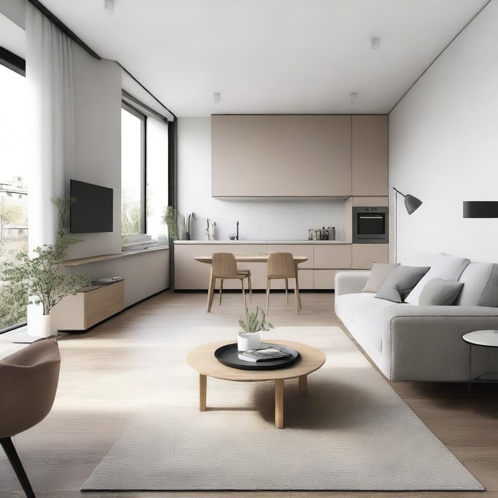 A small apartment with open spaces, featuring modern furniture and minimalist design