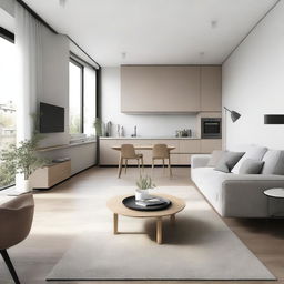 A small apartment with open spaces, featuring modern furniture and minimalist design