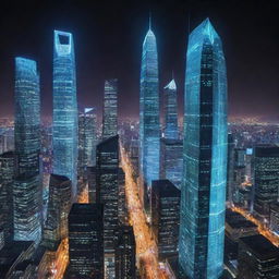 Imagine a visual representation of a cyber democracy. Think glowing digital cities with skyscrapers, futuristic netizens voting through holographic interfaces, and vibrant data streams symbolizing the flow of information.