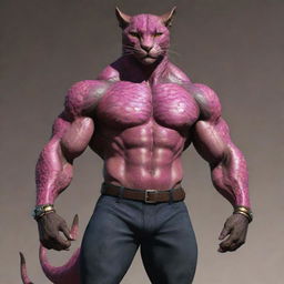 A muscular, full-bodied tabaxi with patches of vibrant pink reptile scales interspersed across his body. He is dressed in simple pants.