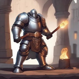 A detailed illustration of a Forge Cleric Warforged, a mechanical being with intricate armor and glowing runes