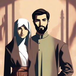 A woman wearing a gamis and hijab stands next to a handsome man with sharp eyes