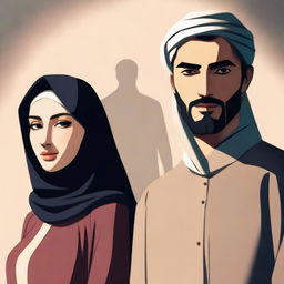 A woman wearing a gamis and hijab stands next to a handsome man with sharp eyes