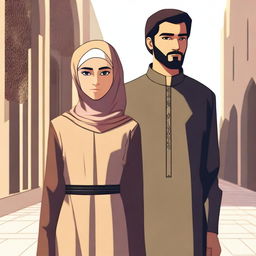 A woman wearing a gamis and hijab stands next to a handsome man with sharp eyes