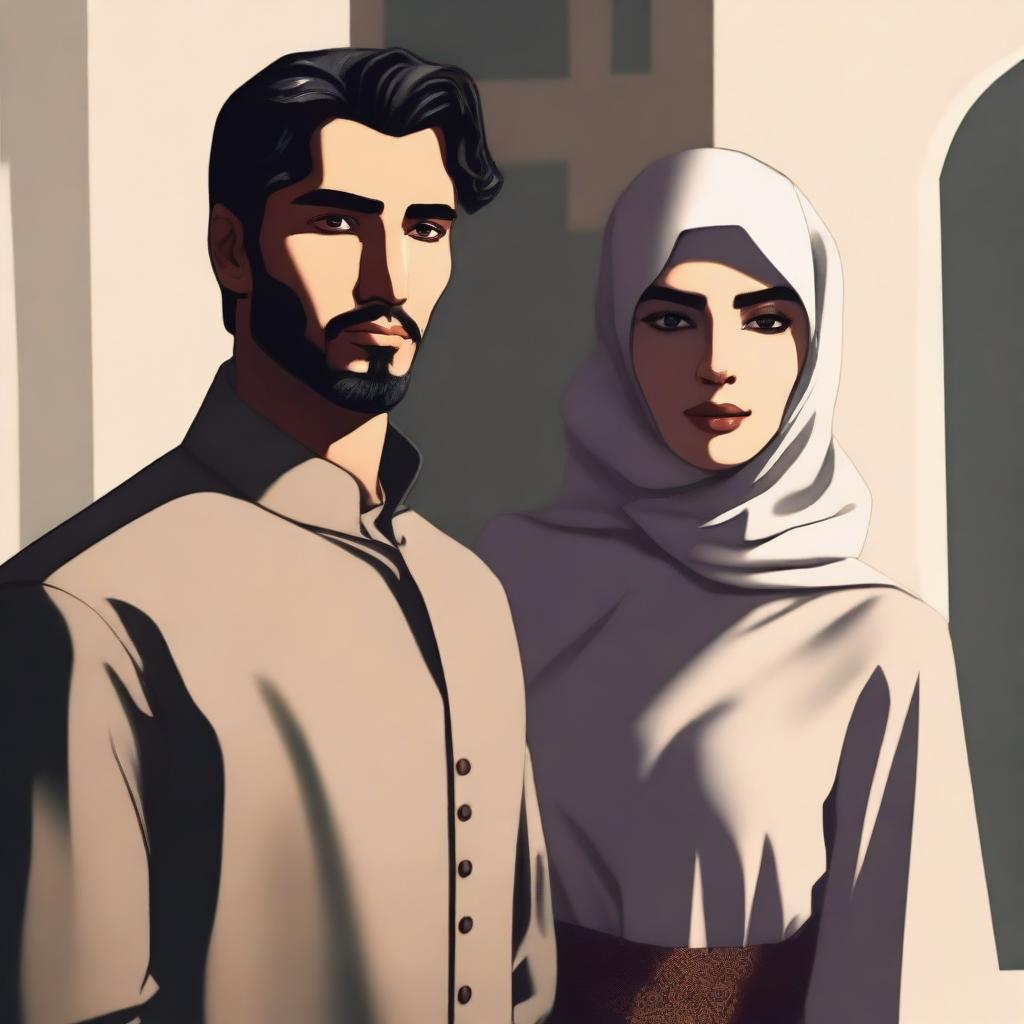 A woman wearing a gamis and hijab stands next to a handsome man with sharp eyes