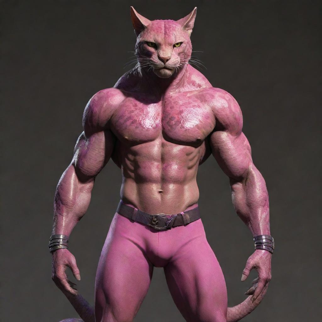 A muscular, full-bodied tabaxi with patches of vibrant pink reptile scales interspersed across his body. He is dressed in simple pants.