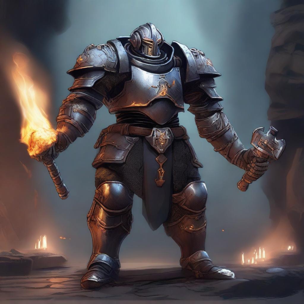 A detailed illustration of a Forge Cleric Warforged character