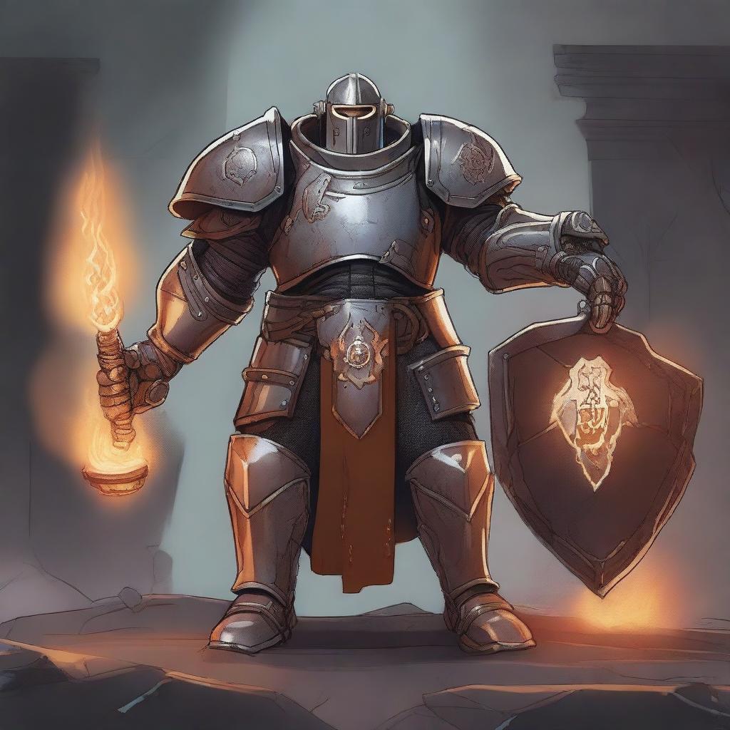 A detailed illustration of a Forge Cleric Warforged character