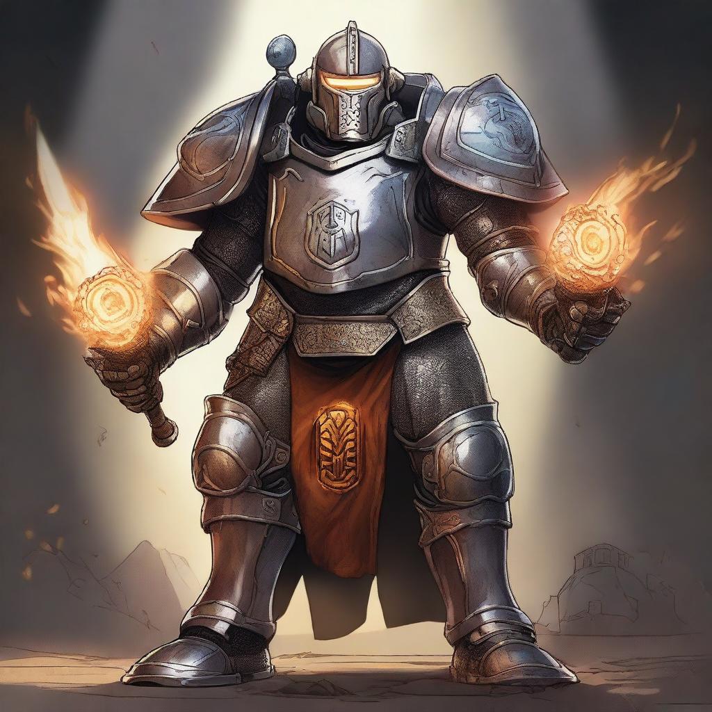 A detailed illustration of a Forge Cleric Warforged character