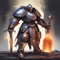 A detailed illustration of a Forge Cleric Warforged character