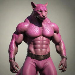 A muscular, full-bodied tabaxi with patches of vibrant pink reptile scales interspersed across his body. He is dressed in simple pants.