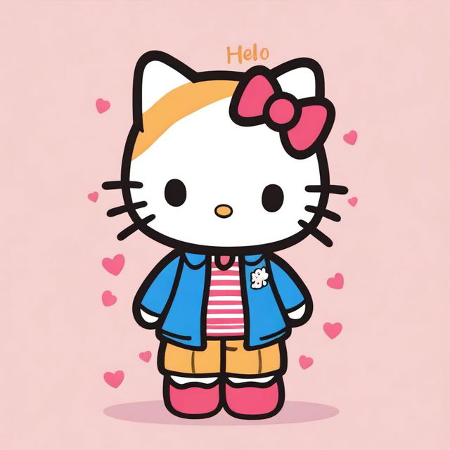 A Hello Kitty character with brown skin, wearing clothes that have the message 'Hello Nicky' written on them