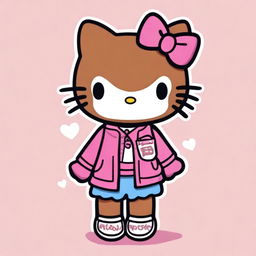 A Hello Kitty character with brown skin, wearing clothes that have the message 'Hello Nicky' written on them