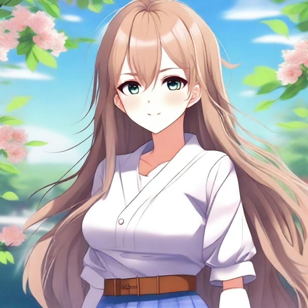 Create an image of a beautiful anime-style waifu with long flowing hair, expressive eyes, and a charming smile