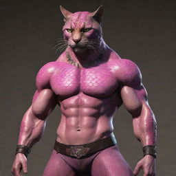 A muscular, full-bodied tabaxi with patches of vibrant pink reptile scales interspersed across his body. He is dressed in simple pants.