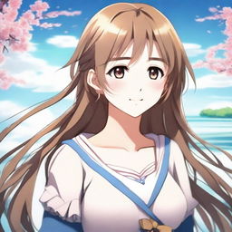 Create an image of a beautiful anime-style waifu with long flowing hair, expressive eyes, and a charming smile