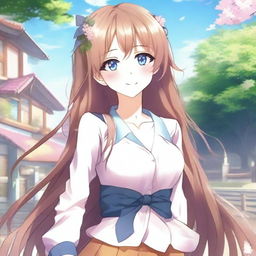 Create an image of a beautiful anime-style waifu with long flowing hair, expressive eyes, and a charming smile